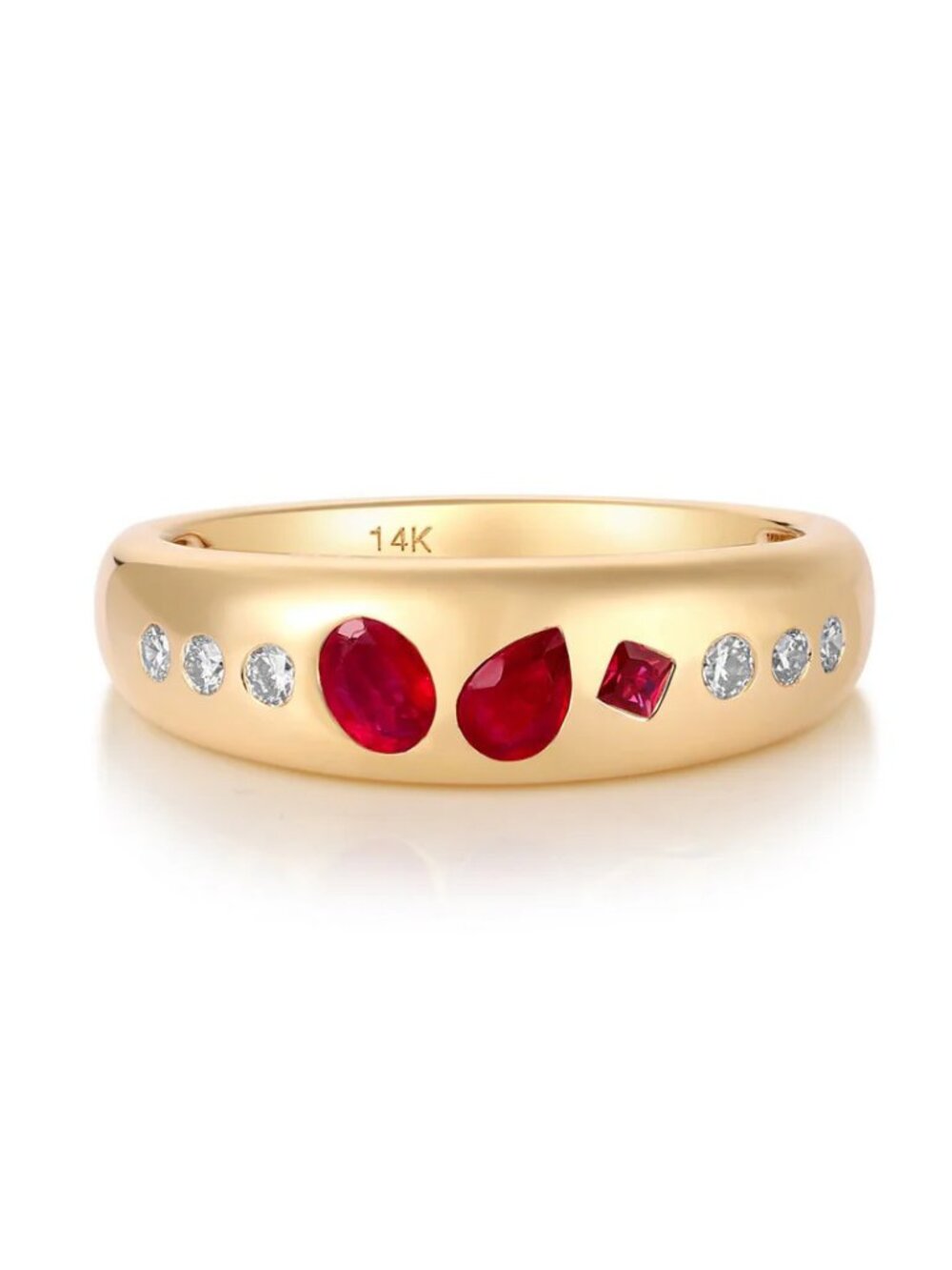 Multi Shape Ruby 14K (or 18k upon request) Yellow Gold Diamond Accent Band Ring
